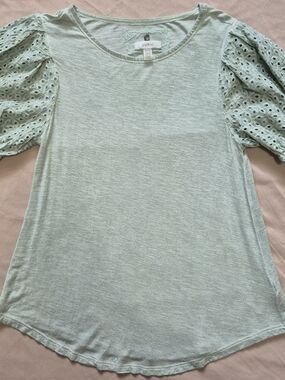 Cupio Sage Green Eyelet Puff Sleeve Top Size Small Casual Blouse